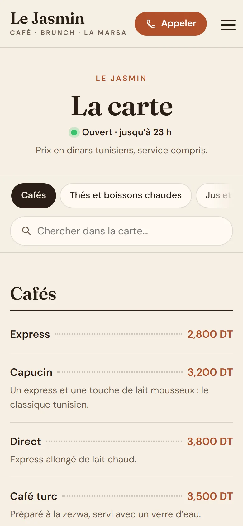 Cafés et restaurants sur téléphone, écran 1
