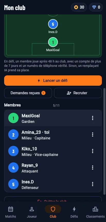 Roknia Club sur téléphone, écran 3