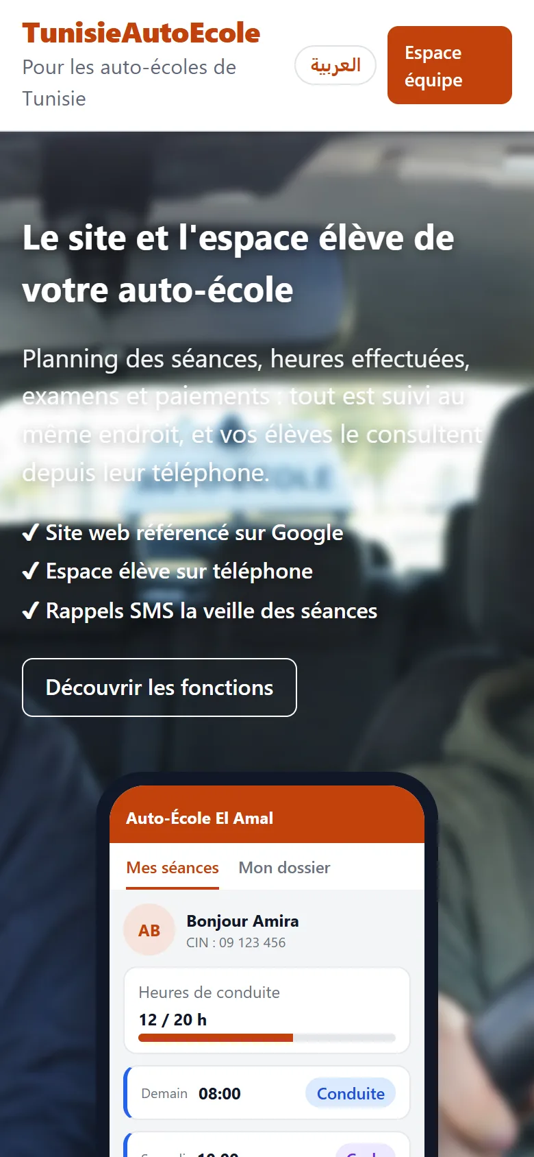 TunisieAutoEcole sur téléphone, écran 1